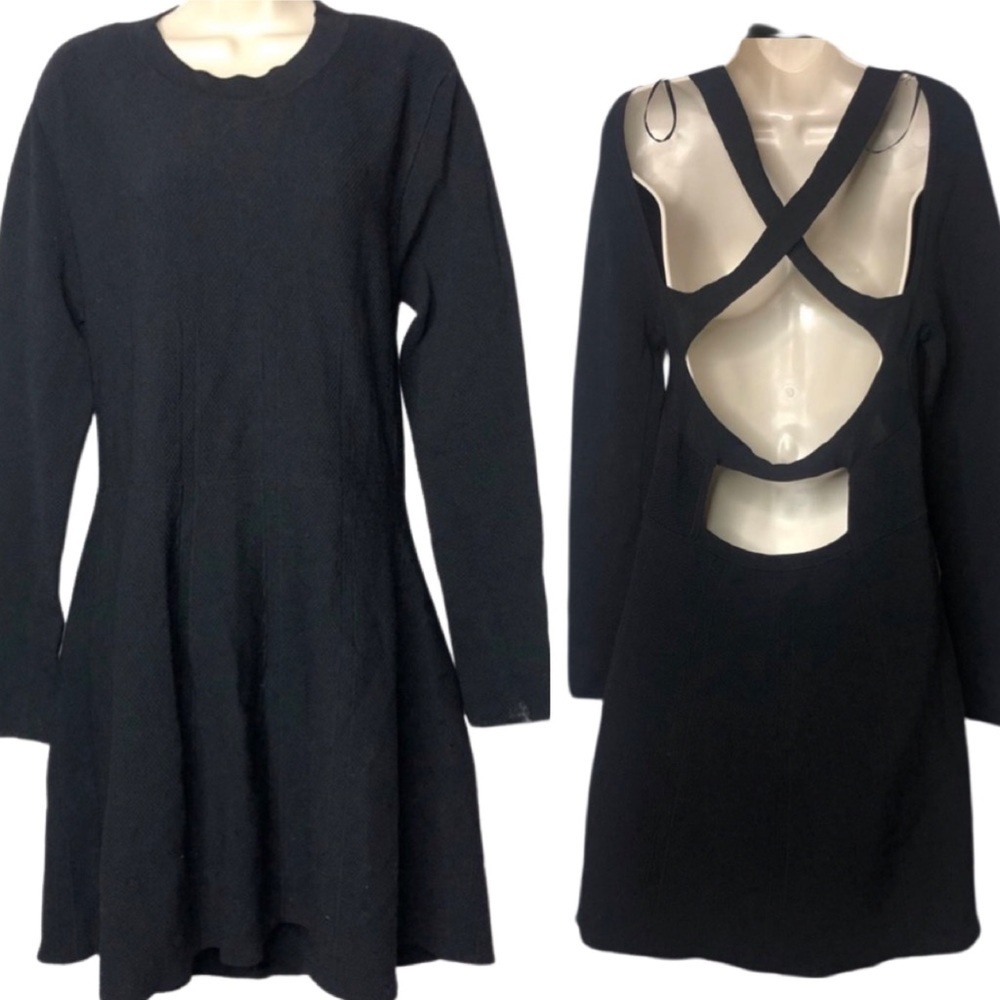 Topshop knitted black fit and flare long sleeve dress open back  size 12